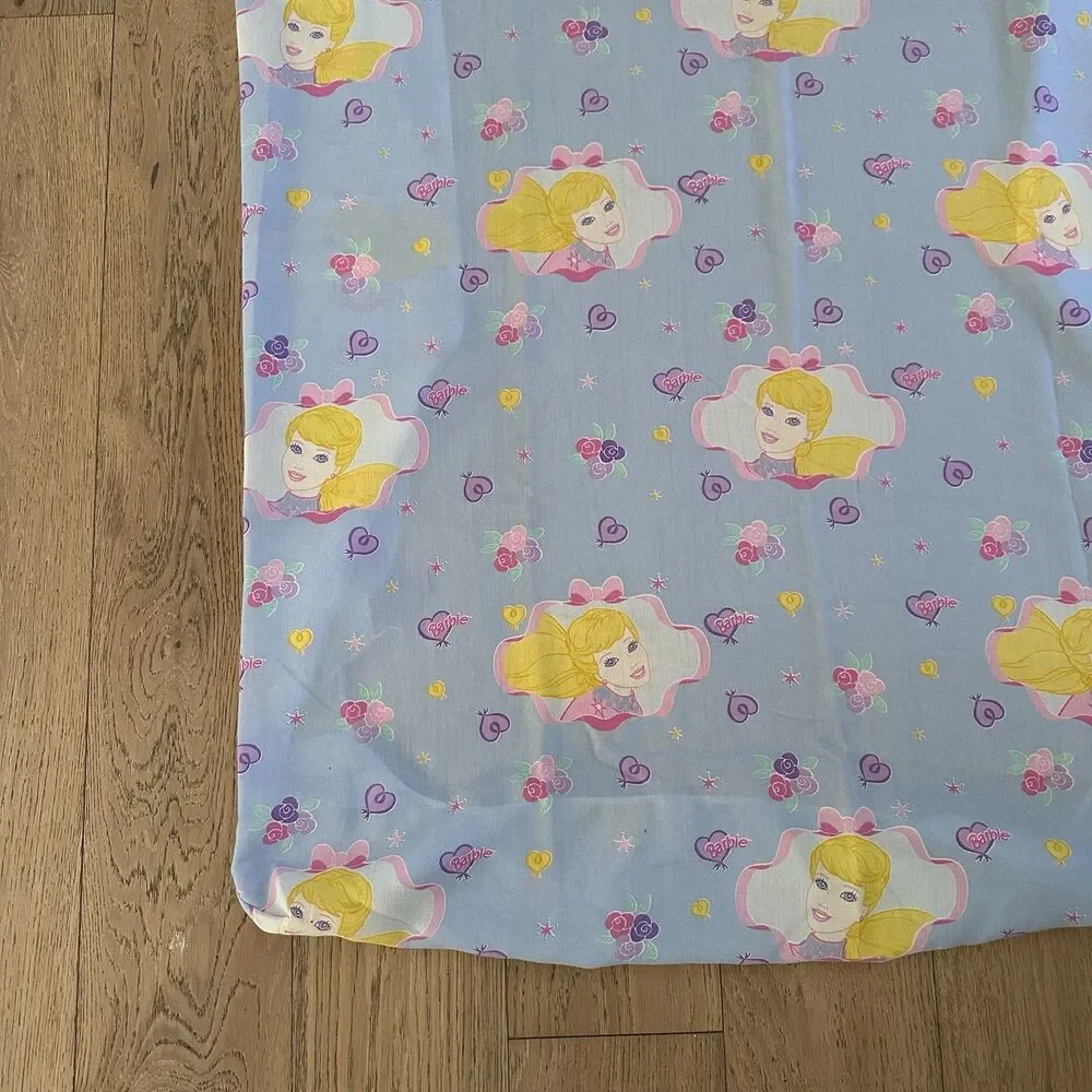 Vintage 90s Barbie Twin Fitted Sheet Dan River Y2K Pink Blue Roses Hearts
